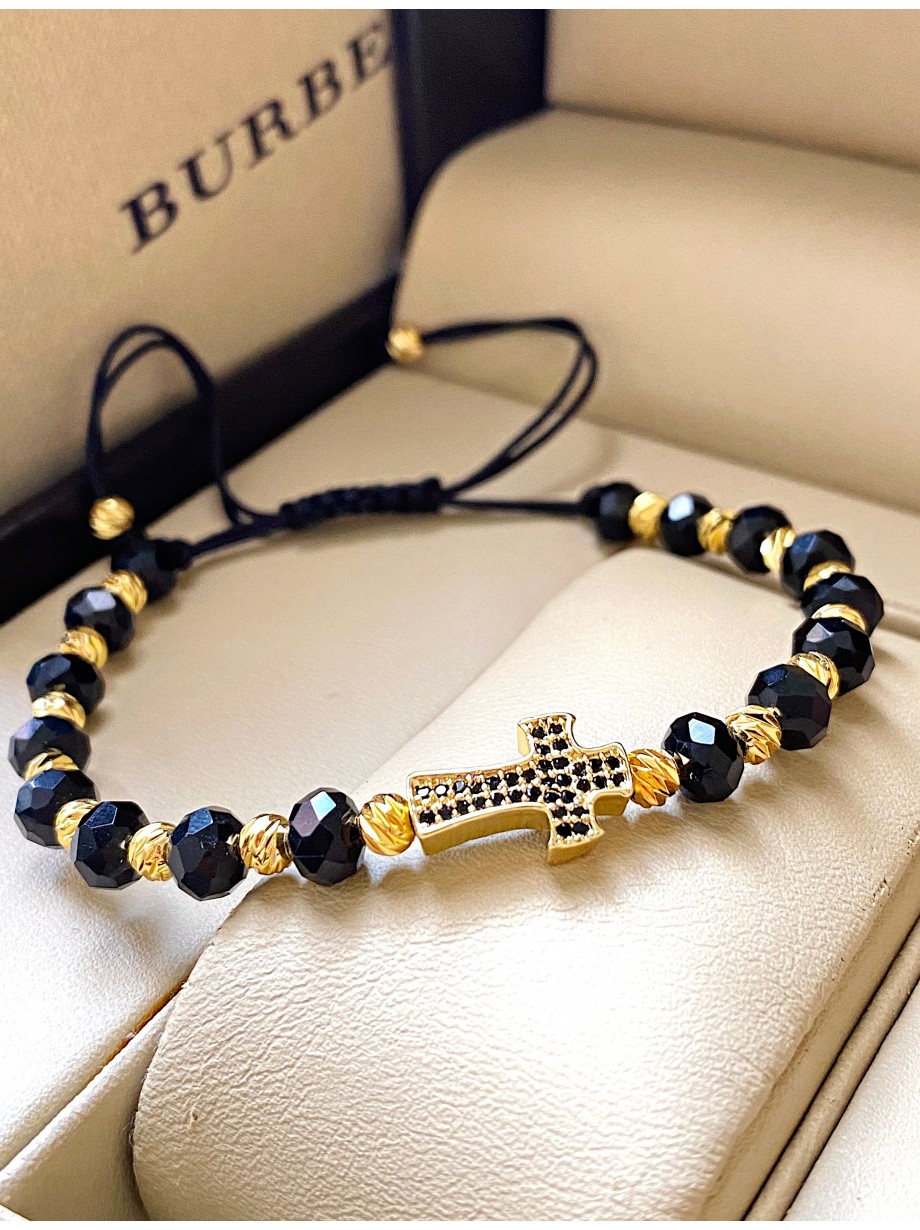 Bratara dama model deosebit cu margele negre si cruce cu pietricele negre