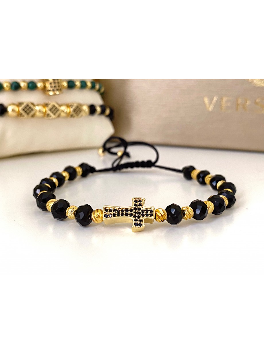 Bratara dama model deosebit cu margele negre si cruce cu pietricele negre