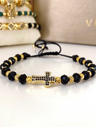 Bratara dama model deosebit cu margele negre si cruce cu pietricele negre