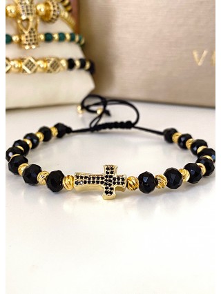 Bratara dama model deosebit cu margele negre si cruce cu pietricele negre