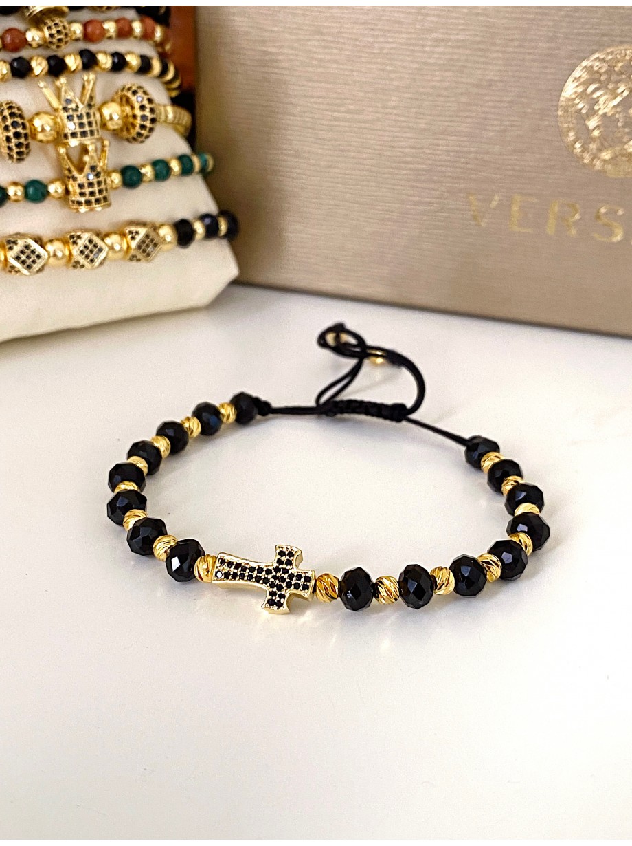 Bratara dama model deosebit cu margele negre si cruce cu pietricele negre