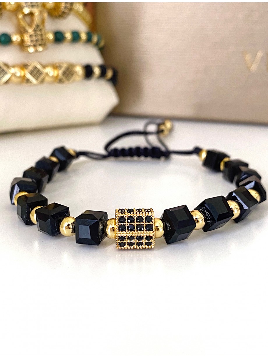 Bratara dama model deosebit cu margele negre si forma geometrica cu pietricele negre