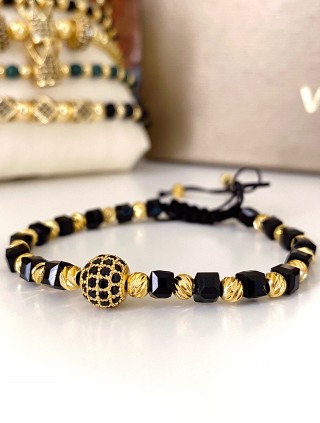 Bratara dama model deosebit cu margele aurii si negre si biluta cu pietricele negre