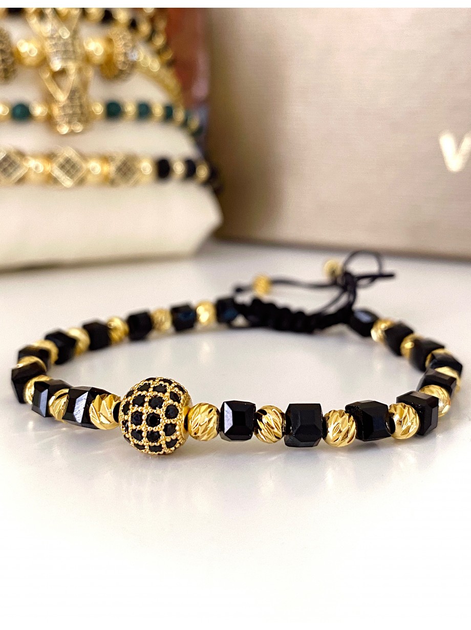 Bratara dama model deosebit cu margele aurii si negre si biluta cu pietricele negre