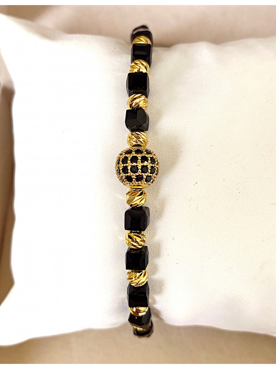 Bratara dama model deosebit cu margele aurii si negre si biluta cu pietricele negre