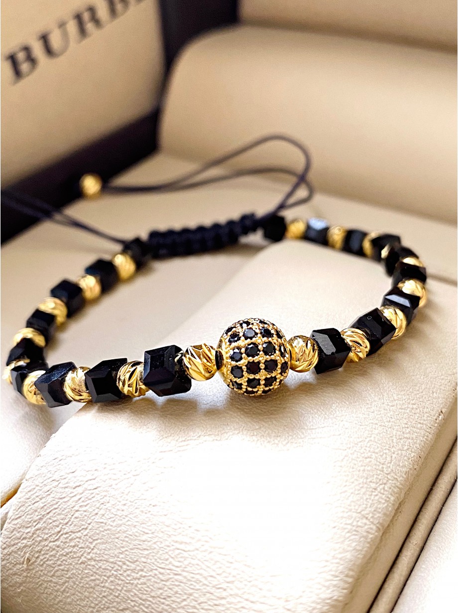 Bratara dama model deosebit cu margele aurii si negre si biluta cu pietricele negre