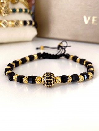 Bratara dama model deosebit cu margele aurii si negre si biluta cu pietricele negre