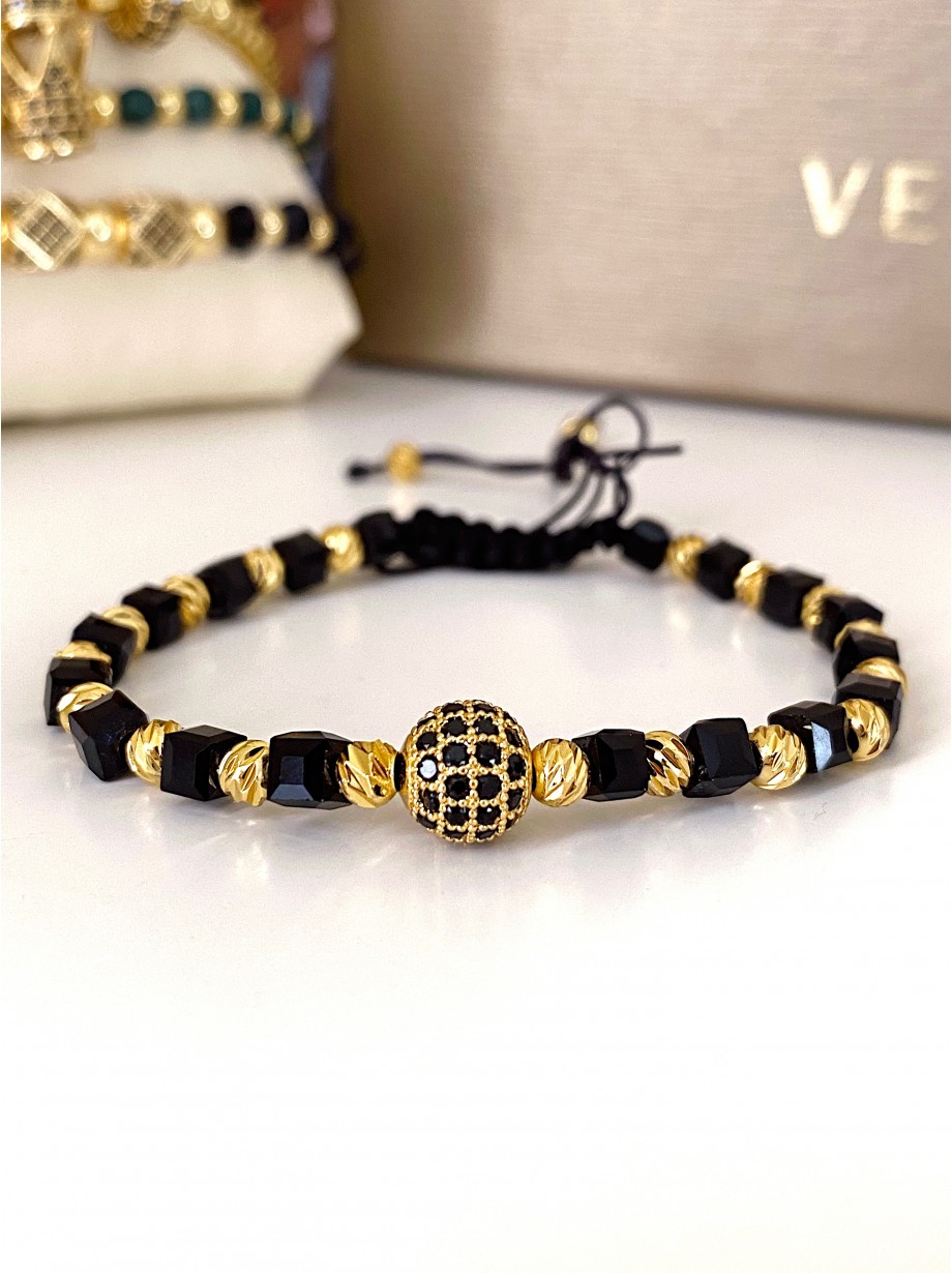 Bratara dama model deosebit cu margele aurii si negre si biluta cu pietricele negre