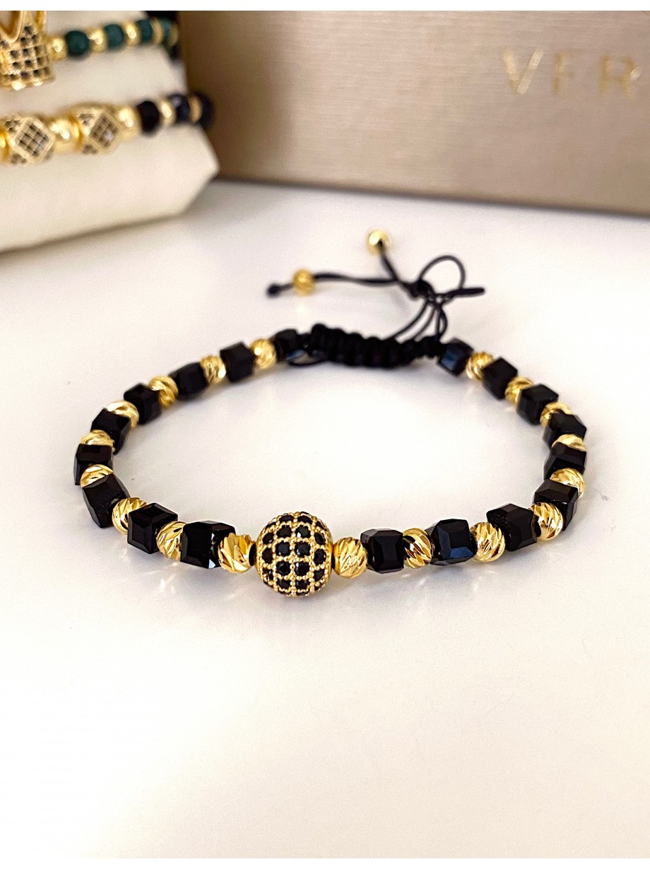 Bratara dama model deosebit cu margele aurii si negre si biluta cu pietricele negre