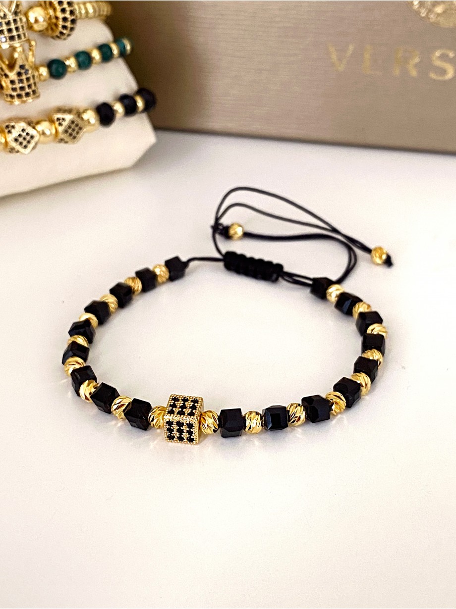 Bratara dama model deosebit cu margele negre si patrat cu pietricele negre