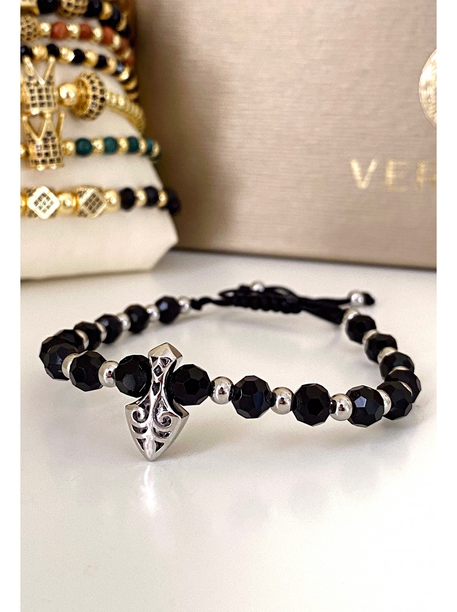 Bratara dama model deosebit cu margele negre si sageata cu pietricele negre
