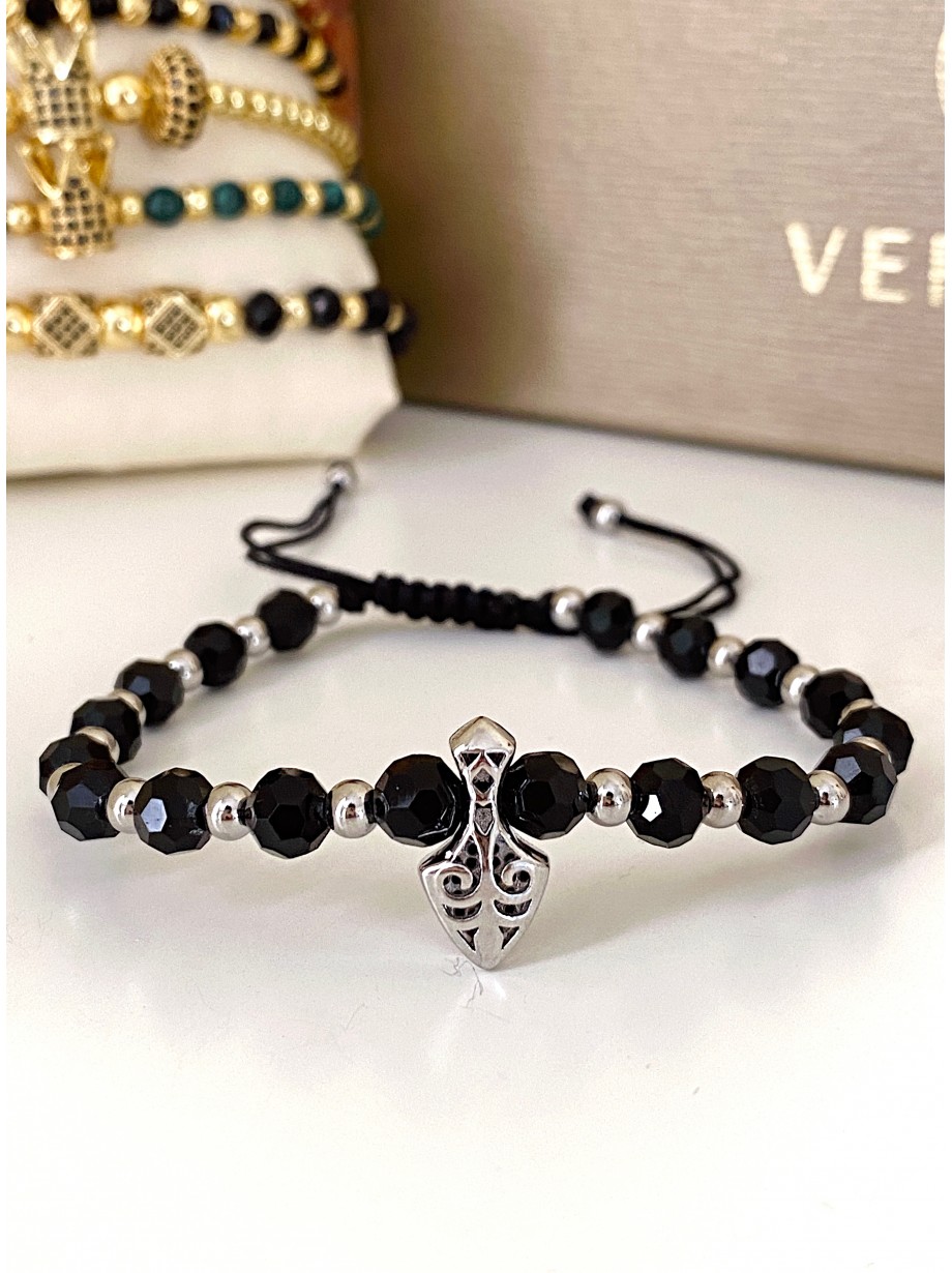 Bratara dama model deosebit cu margele negre si sageata cu pietricele negre
