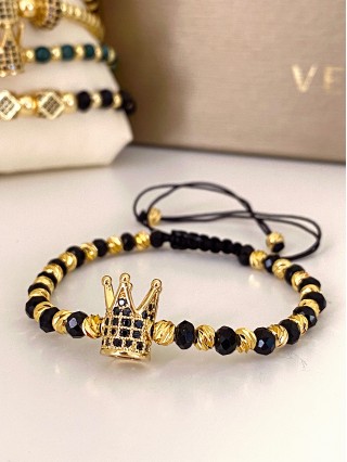 Bratara dama model deosebit cu margele aurii si negre si coroana cu pietricele negre