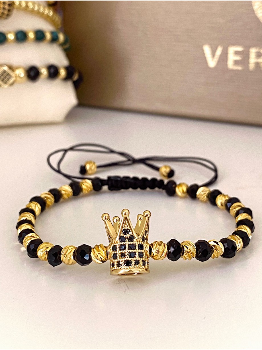 Bratara dama model deosebit cu margele aurii si negre si coroana cu pietricele negre