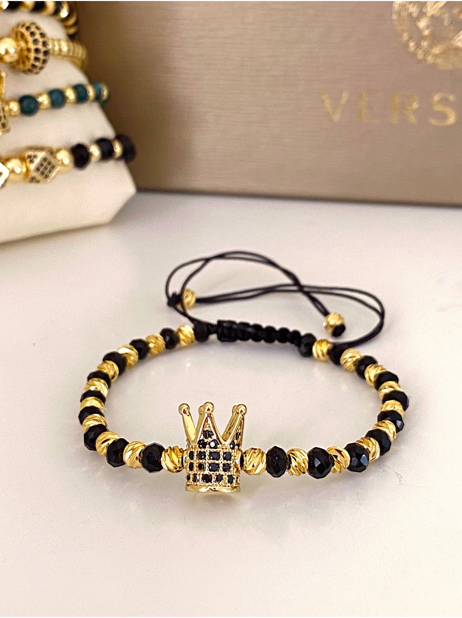 Bratara dama model deosebit cu margele aurii si negre si coroana cu pietricele negre