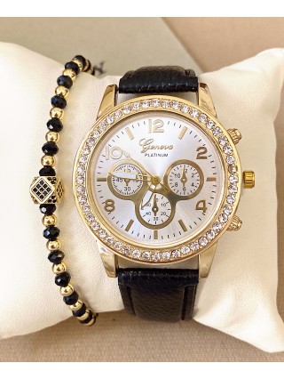 Ceas dama negru cu bratara din piele ecologica si cadran auriu