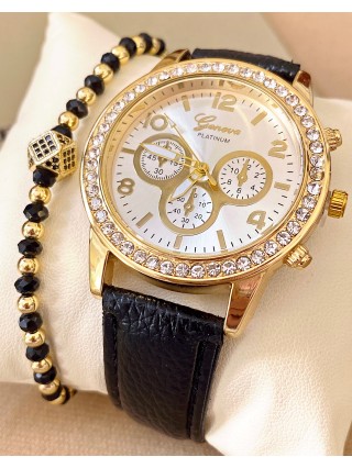 Ceas dama negru cu bratara din piele ecologica si cadran auriu