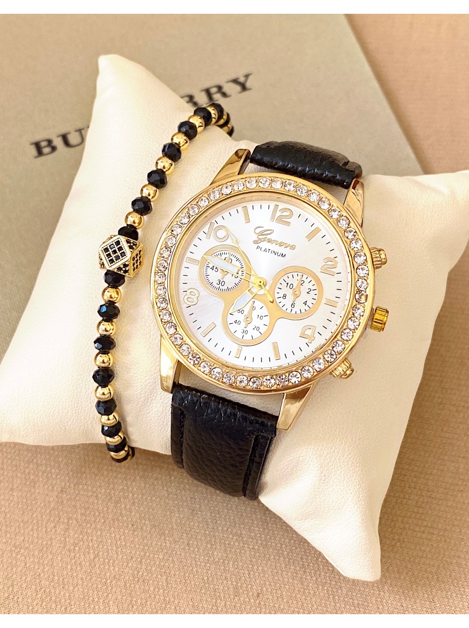 Ceas dama negru cu bratara din piele ecologica si cadran auriu