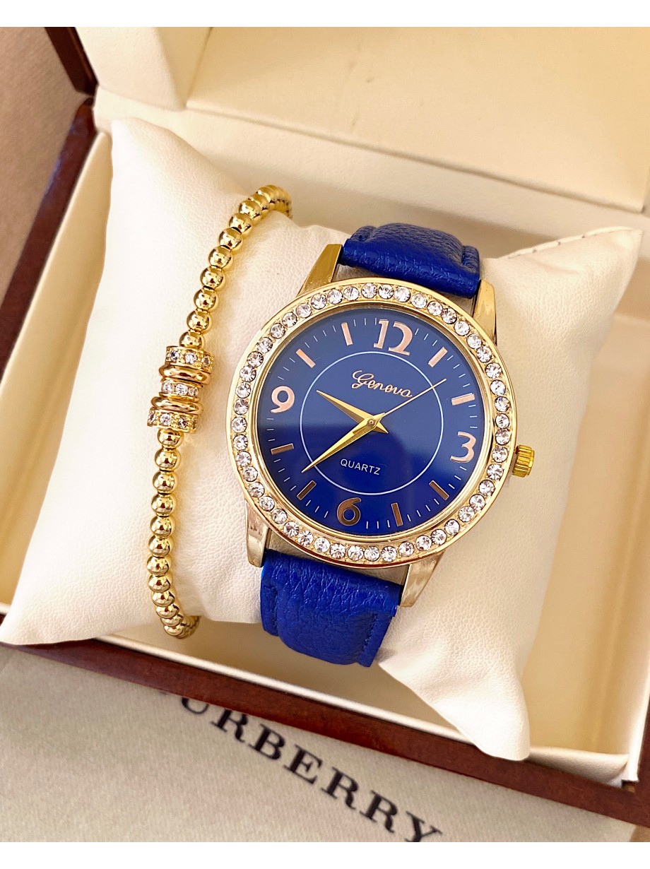 Ceas dama albastru cu bratara din piele ecologica si cadran cu 4 cifre