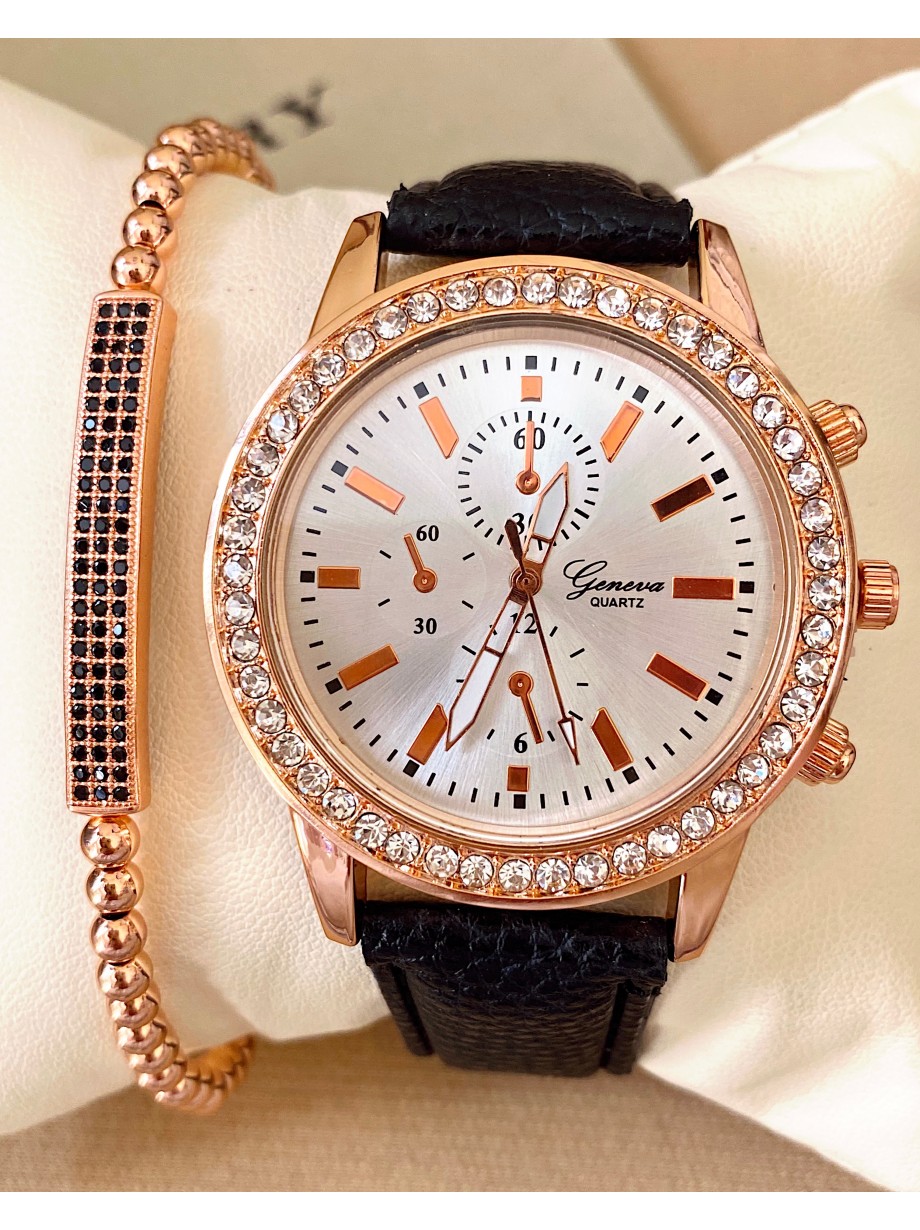 Ceas dama negru cu bratara din piele ecologica si cadran roze