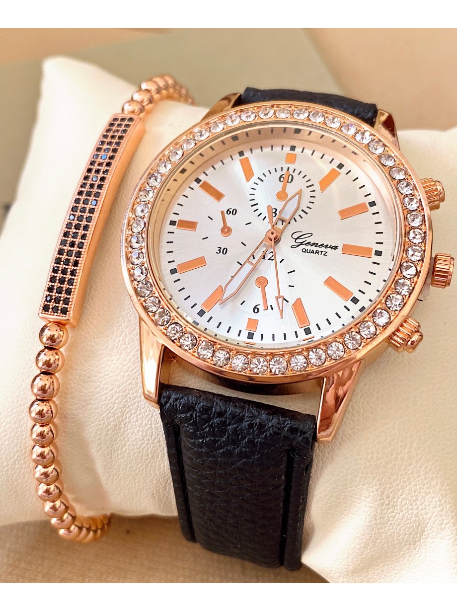 Ceas dama negru cu bratara din piele ecologica si cadran roze