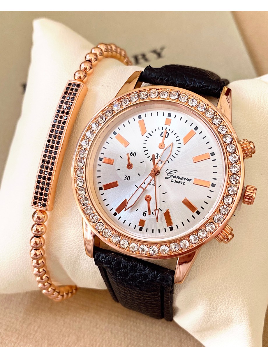 Ceas dama negru cu bratara din piele ecologica si cadran roze