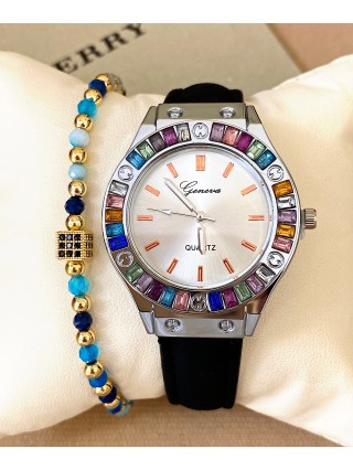 Ceas dama negru cu bratara din piele ecologica si cadran cu pietricele colorate