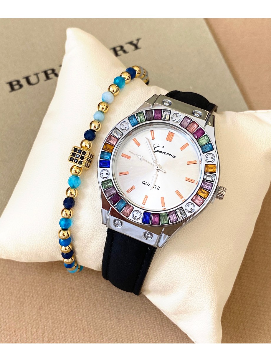 Ceas dama negru cu bratara din piele ecologica si cadran cu pietricele colorate