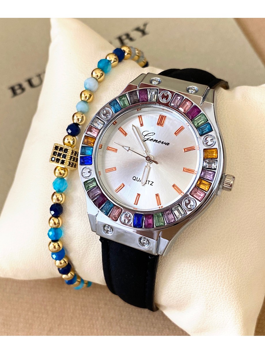 Ceas dama negru cu bratara din piele ecologica si cadran cu pietricele colorate