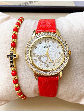 Ceas dama rosu cu bratara din piele ecologica si cadran cu inimioara