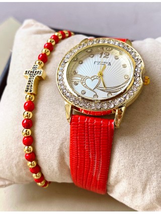 Ceas dama rosu cu bratara din piele ecologica si cadran cu inimioara