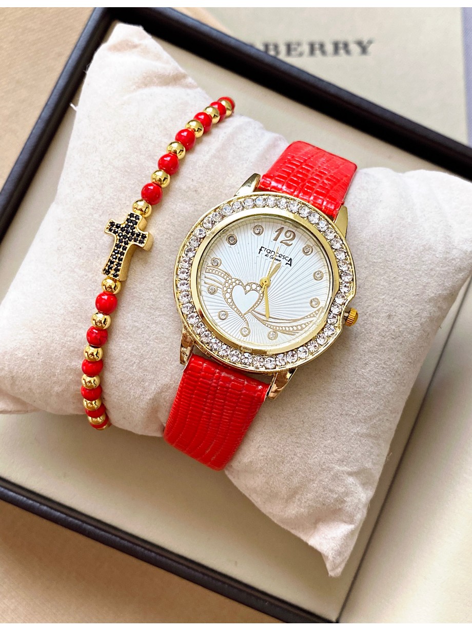 Ceas dama rosu cu bratara din piele ecologica si cadran cu inimioara