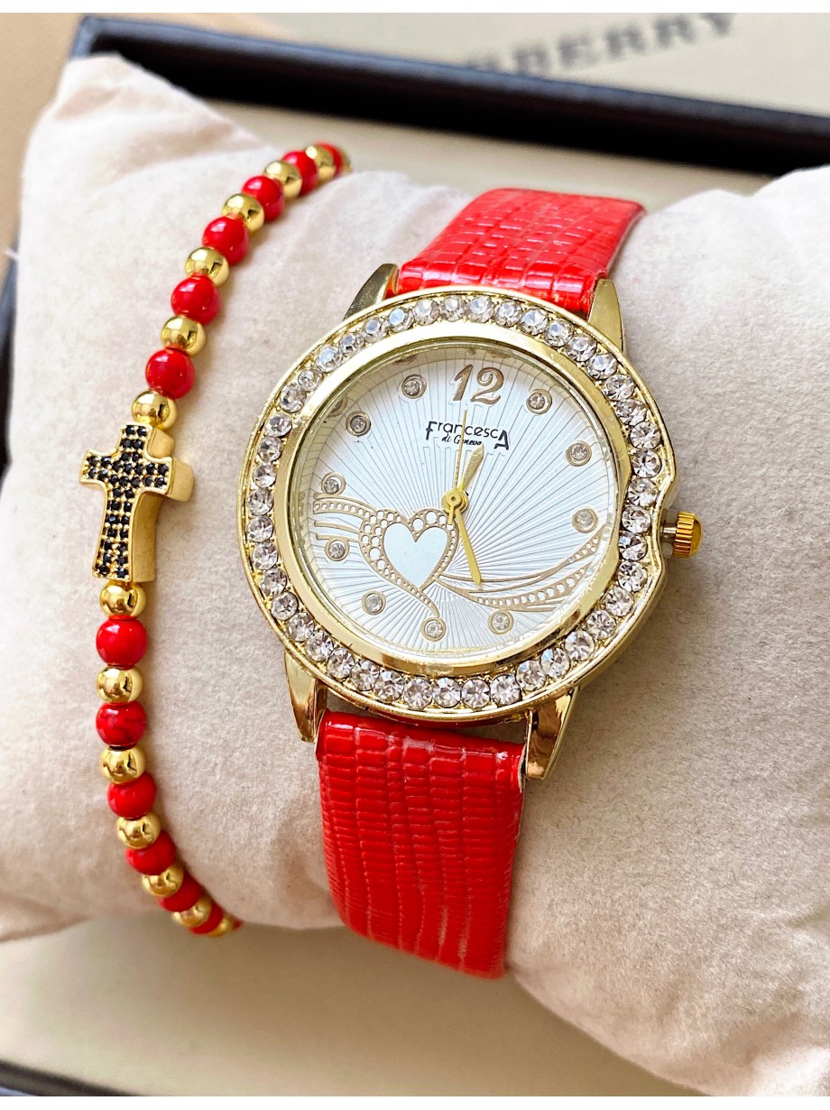 Ceas dama rosu cu bratara din piele ecologica si cadran cu inimioara