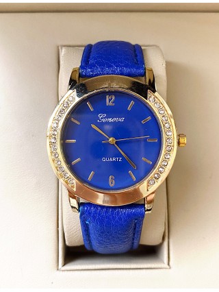 Ceas dama albastru cu bratara din piele ecologica si cadran cu pietricele