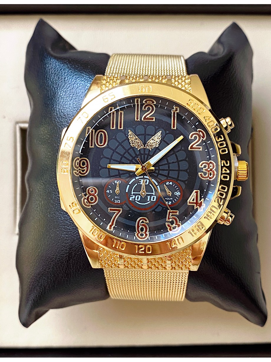 Ceas barbat auriu cu bratara metalica si cadran negru