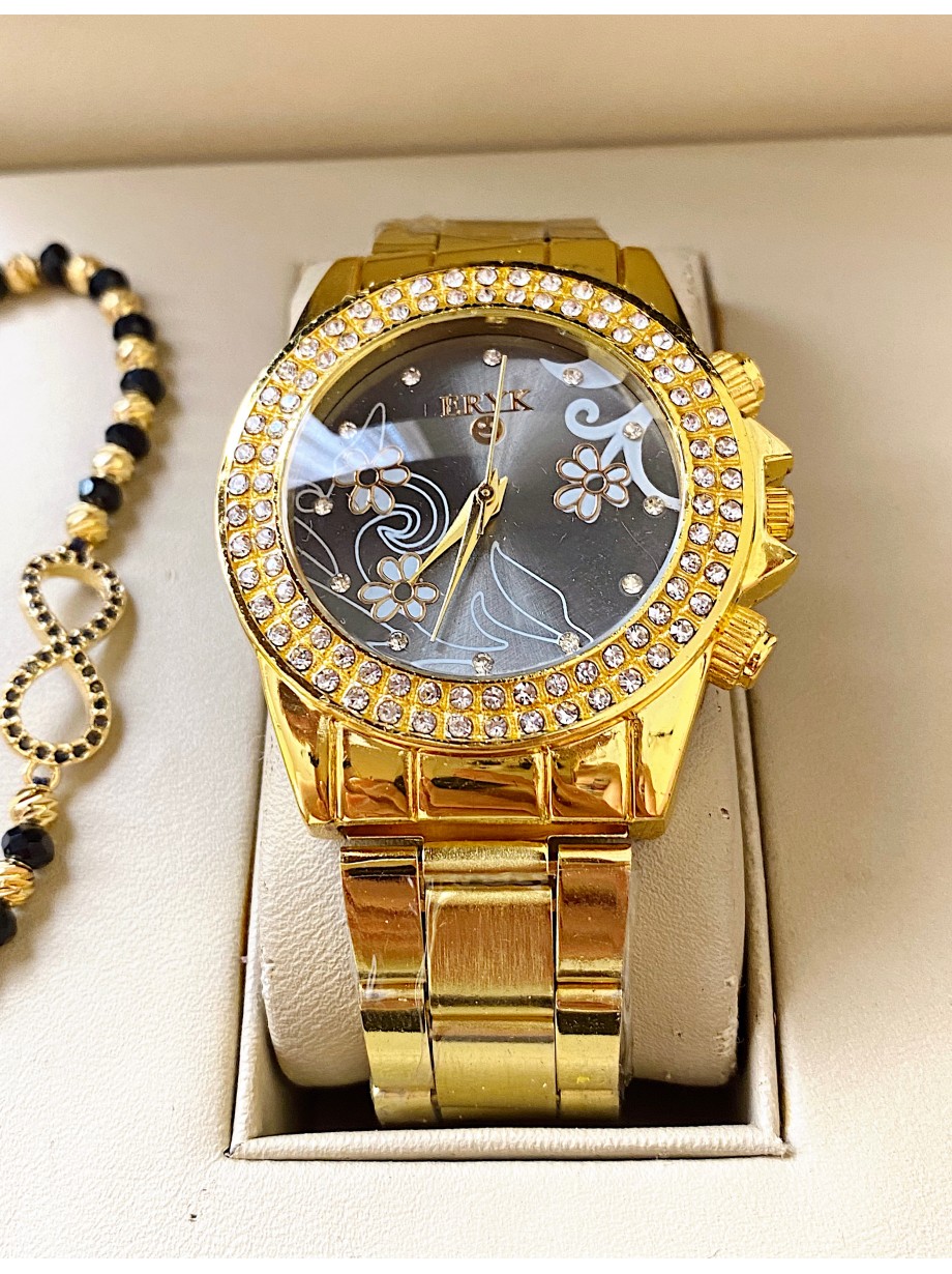 Ceas dama auriu cu bratara metalica si cadran gri cu flori