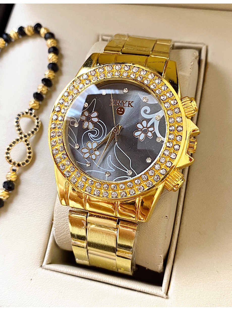 Ceas dama auriu cu bratara metalica si cadran gri cu flori