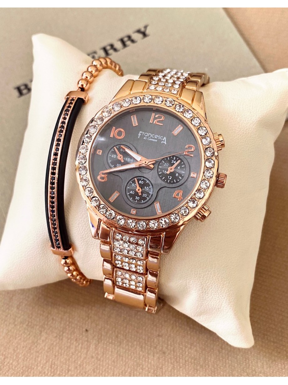 Ceas dama roze cu bratara metalica si cadran negru