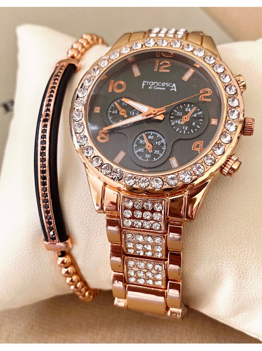 Ceas dama roze cu bratara metalica si cadran negru