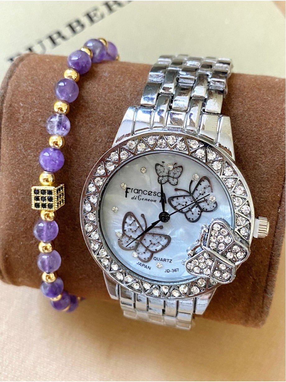 Ceas dama argintiu cu bratara metalica si cadran cu fluturi