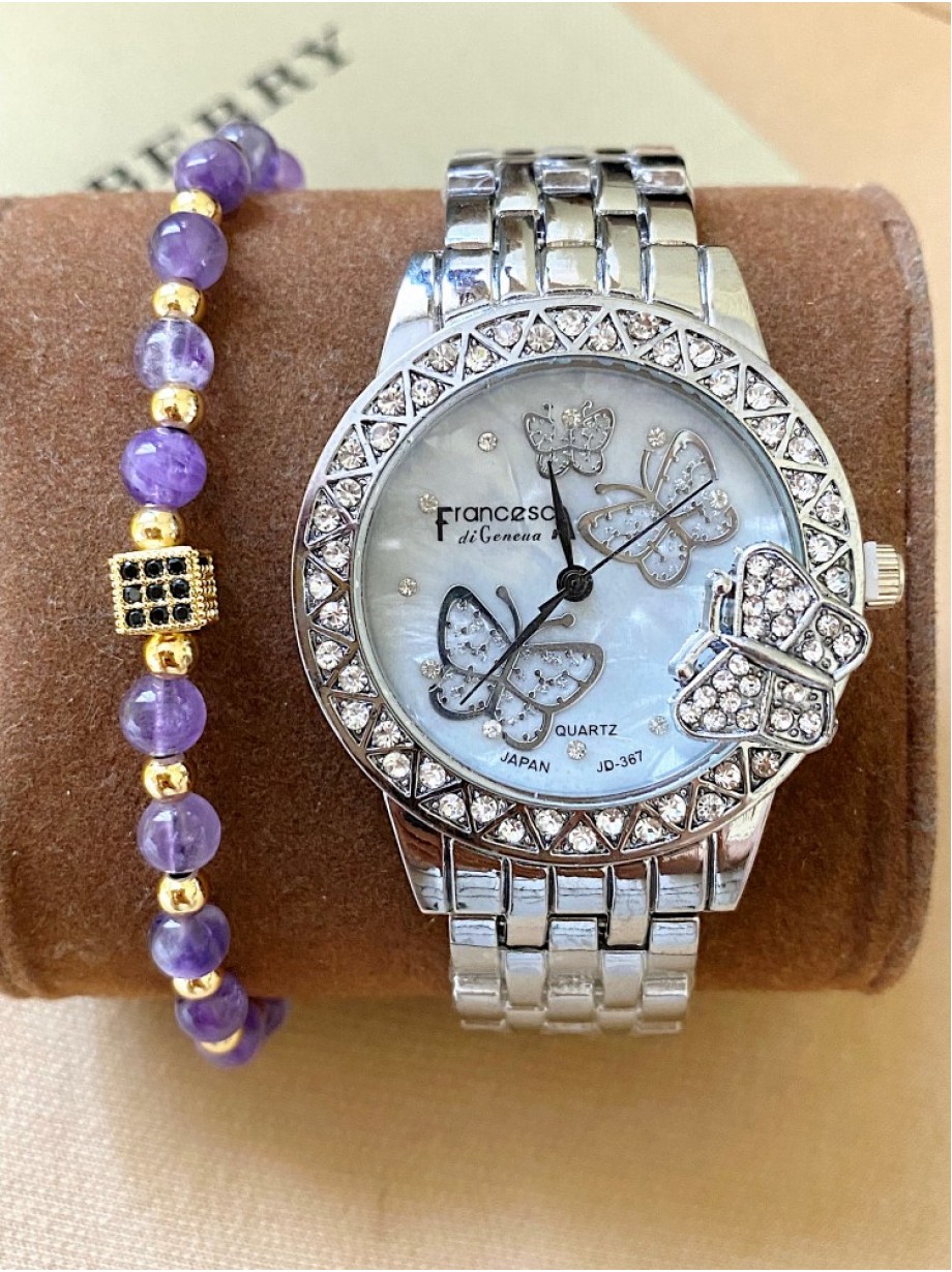 Ceas dama argintiu cu bratara metalica si cadran cu fluturi