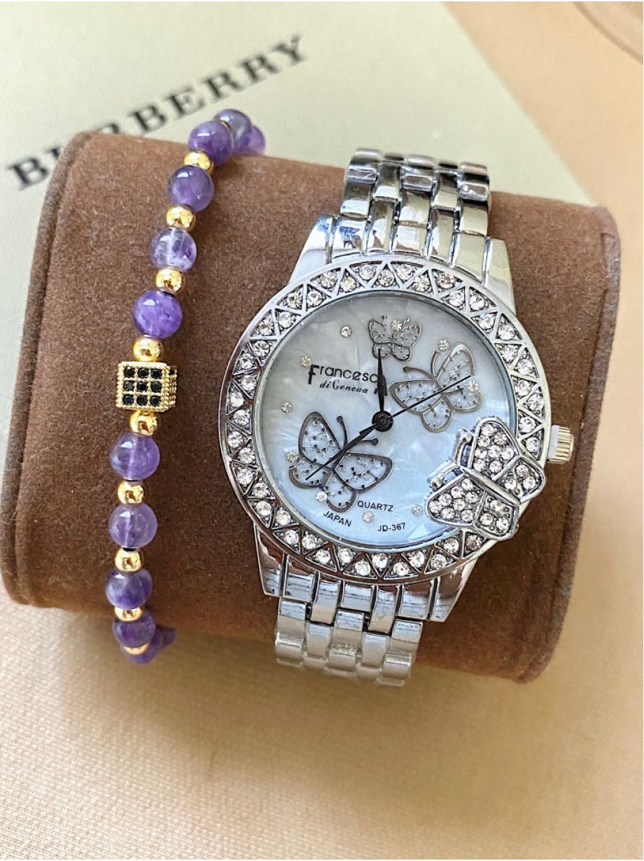 Ceas dama argintiu cu bratara metalica si cadran cu fluturi