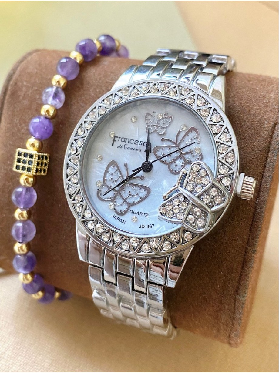 Ceas dama argintiu cu bratara metalica si cadran cu fluturi