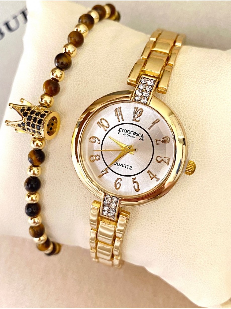 Ceas dama auriu cu bratara metalica si cadran auriu cu cifre arabe