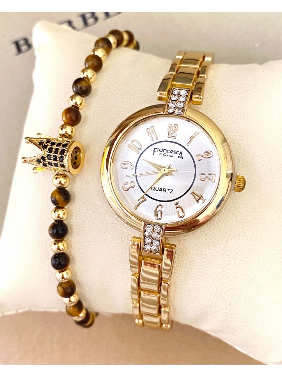 Ceas dama auriu cu bratara metalica si cadran auriu cu cifre arabe