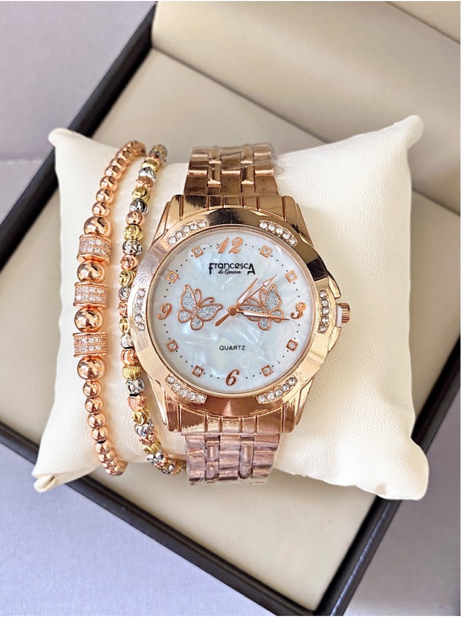 Ceas dama roze cu bratara metalica si cadran cu 2 fluturi