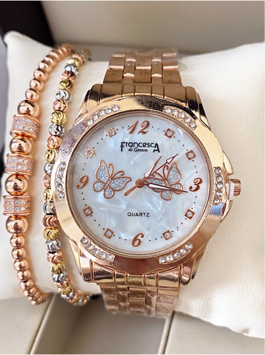 Ceas dama roze cu bratara metalica si cadran cu 2 fluturi