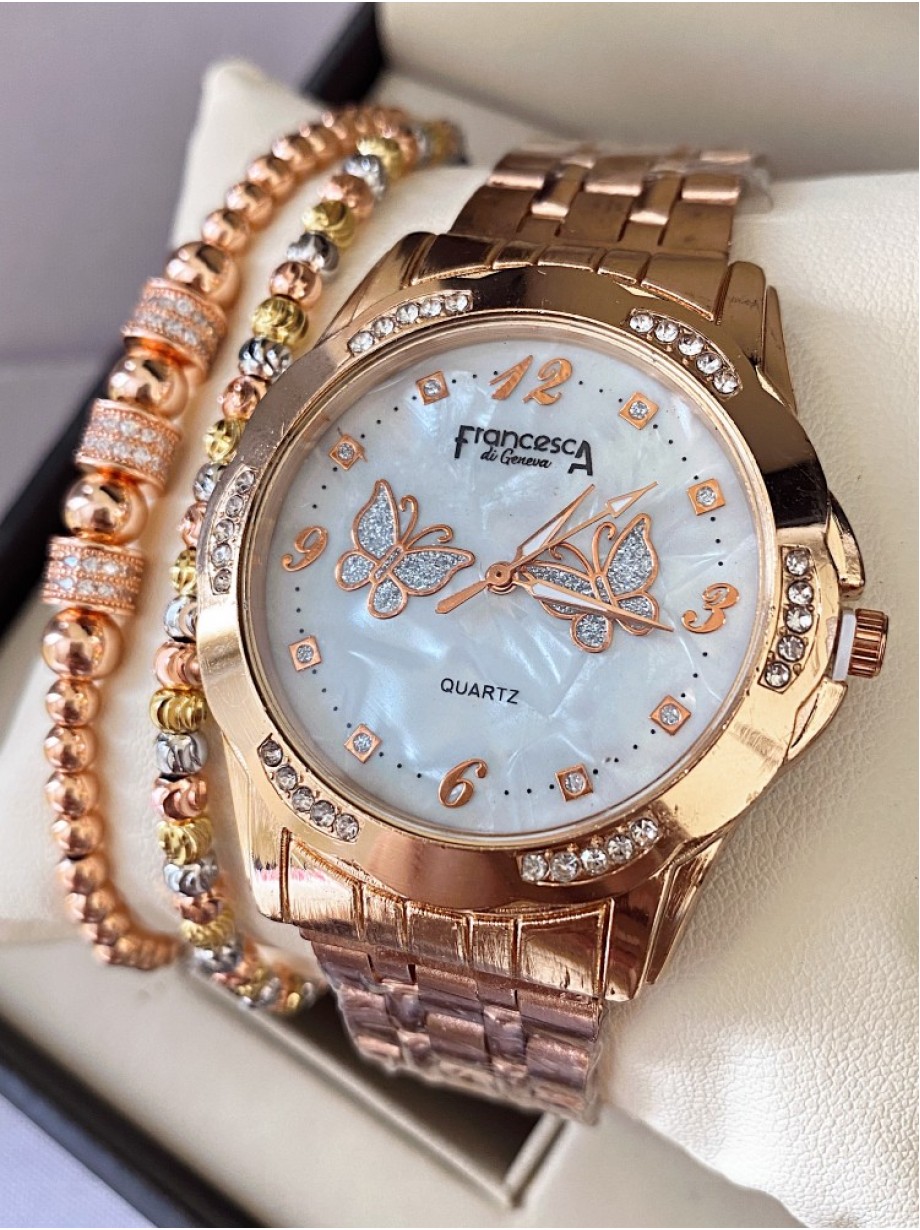 Ceas dama roze cu bratara metalica si cadran cu 2 fluturi