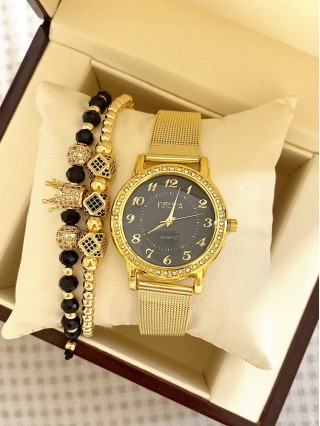 Ceas dama auriu cu bratara metalica si cadran negru cu cifre mici