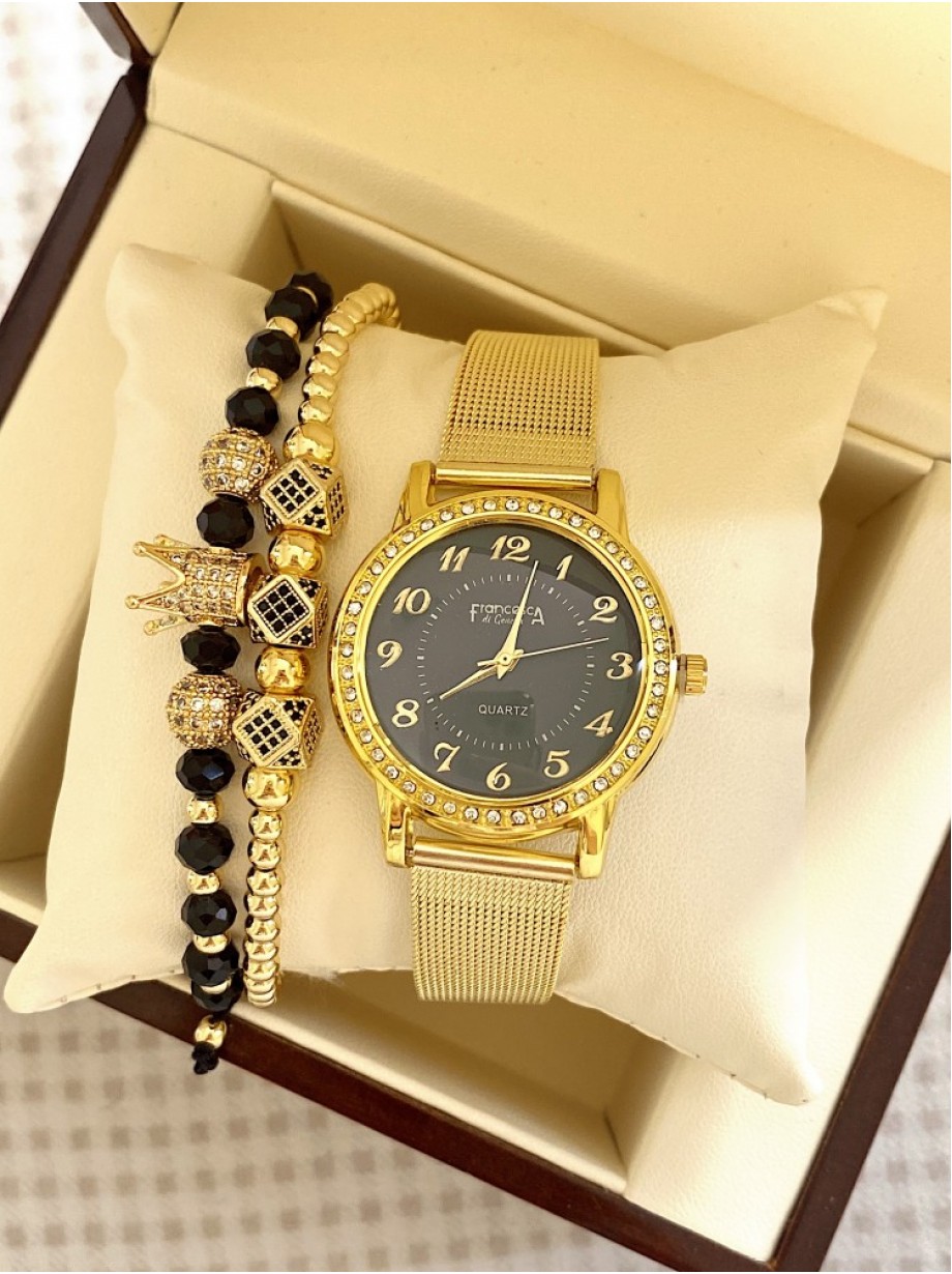 Ceas dama auriu cu bratara metalica si cadran negru cu cifre mici